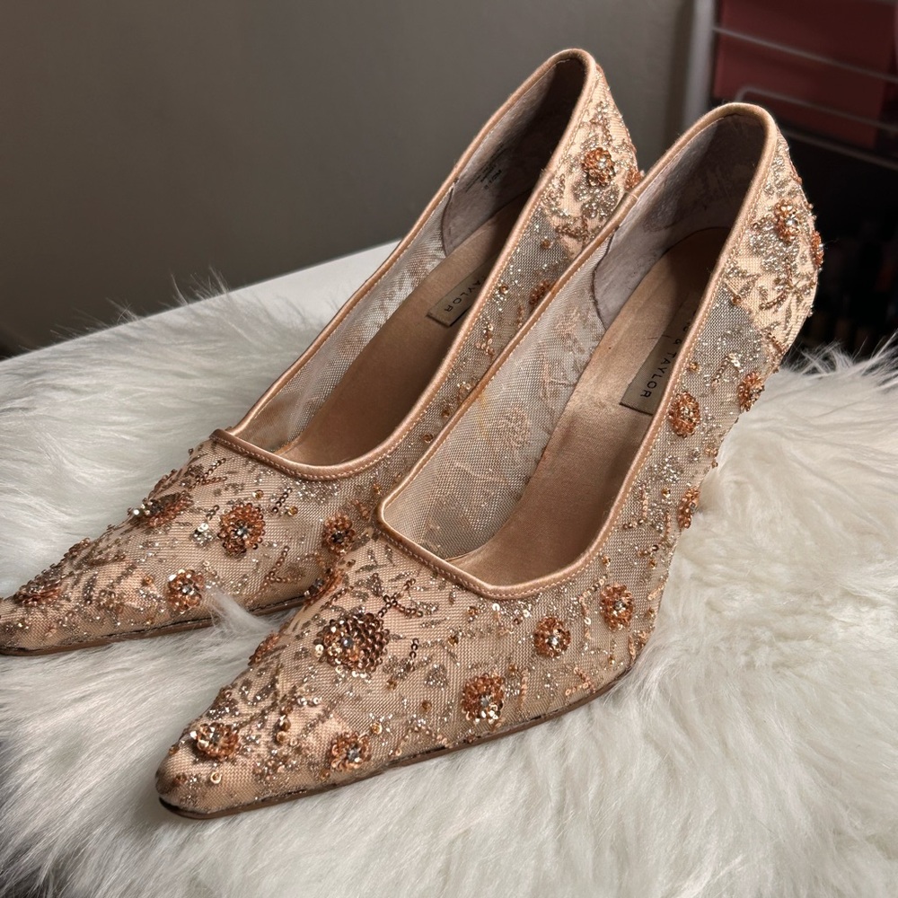 Lord & Taylor Beaded Lace Pumps in Gold
